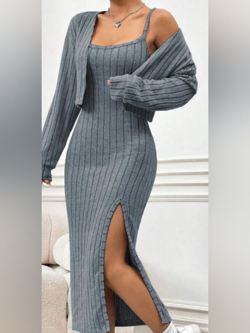 SHEIN Ribbed Knit Two-Piece Dress and Cardigan in Dusty Blue